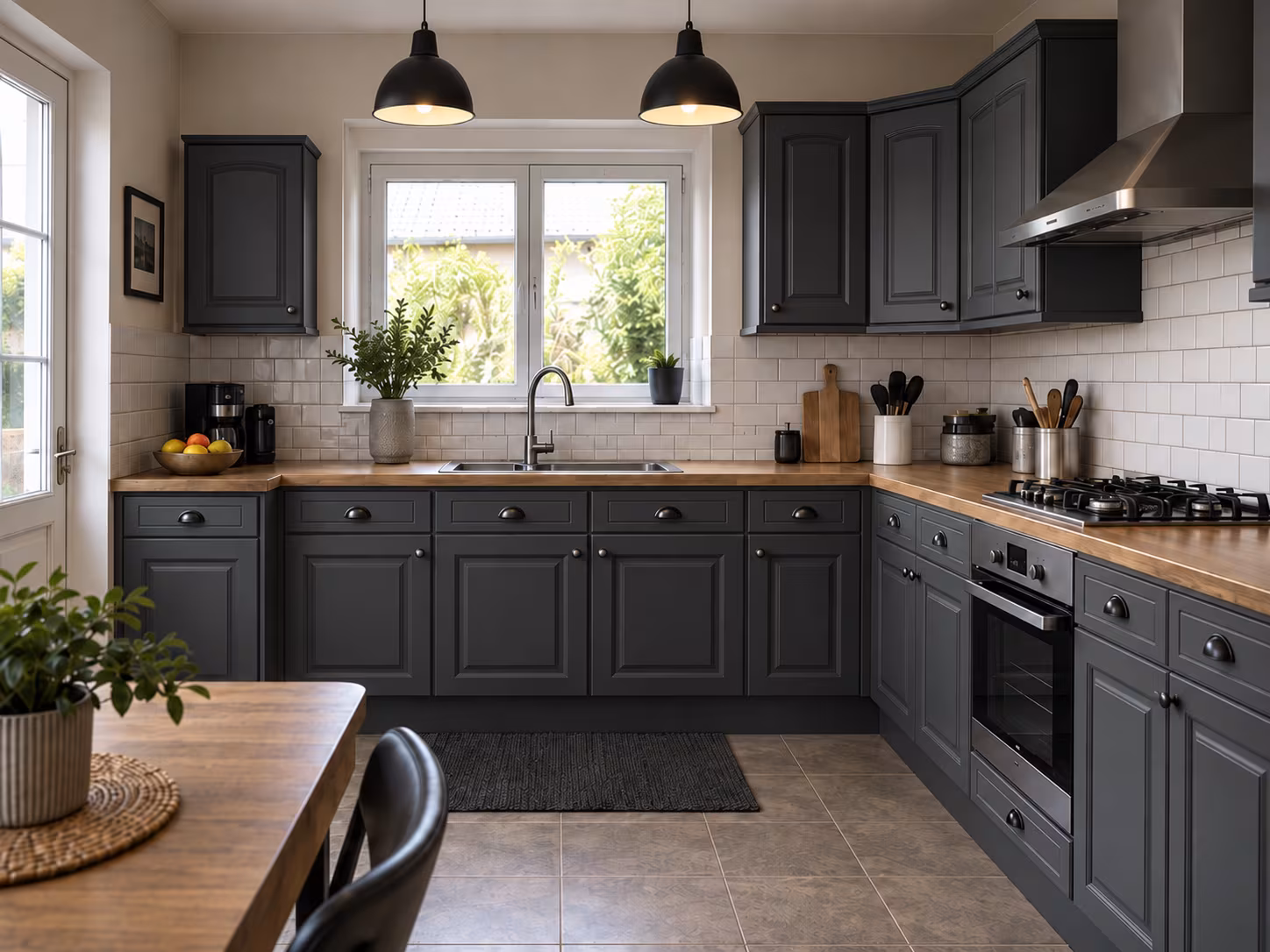Simulation : une cuisine dont les façades à moulures ont été recouvertes en gris anthracite, plan de travail et crédence inchangés